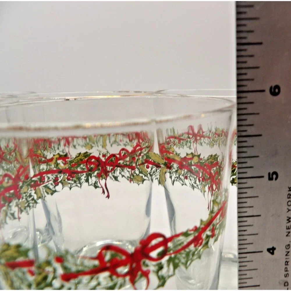 Vtg Libbey Christmas Holly Wreath Tumblers Set of 5 Heavy Base Highball Glasses